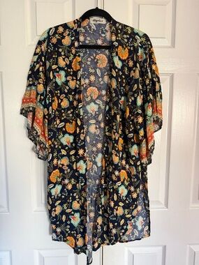 Haptics Black Floral Kimono Tunic beach cover up
